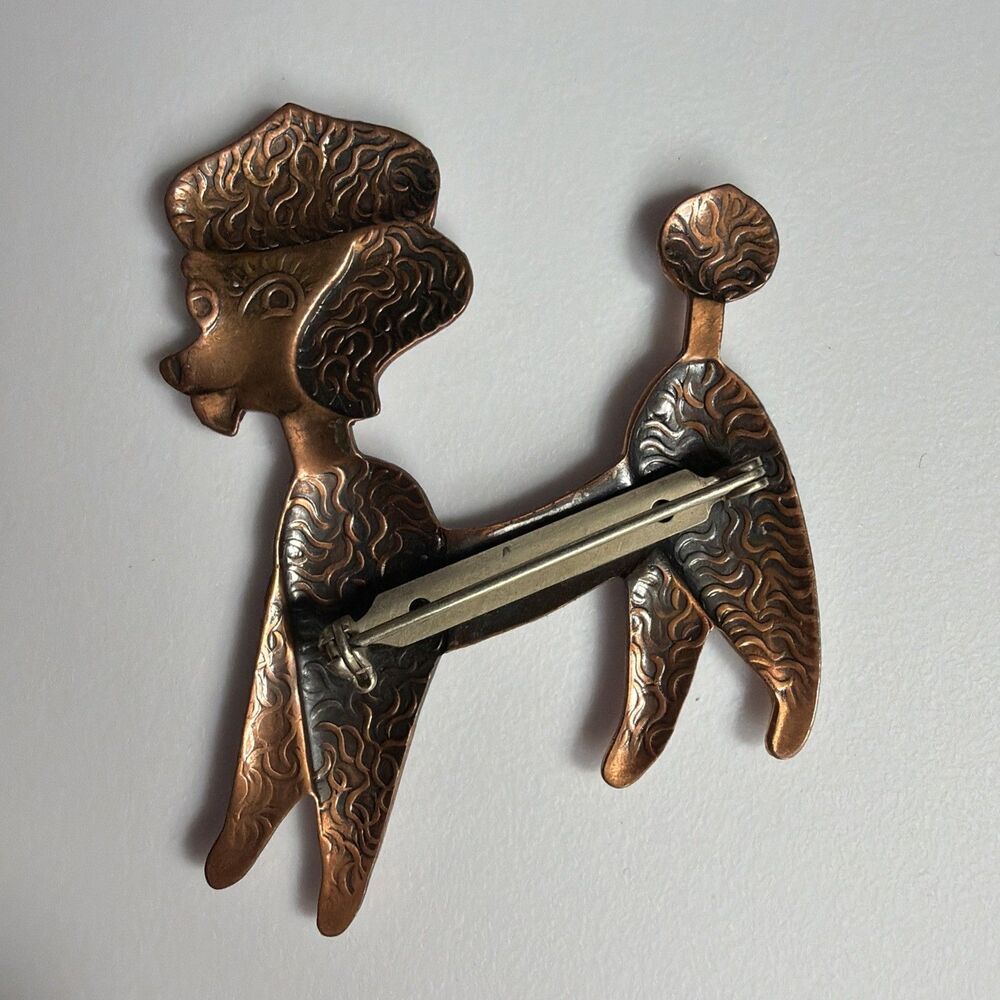 2 Vintage Estate Poodle Dog Brooch Pins Copper And Silver Tone Rhinestone Eyes - Picture 8 of 8